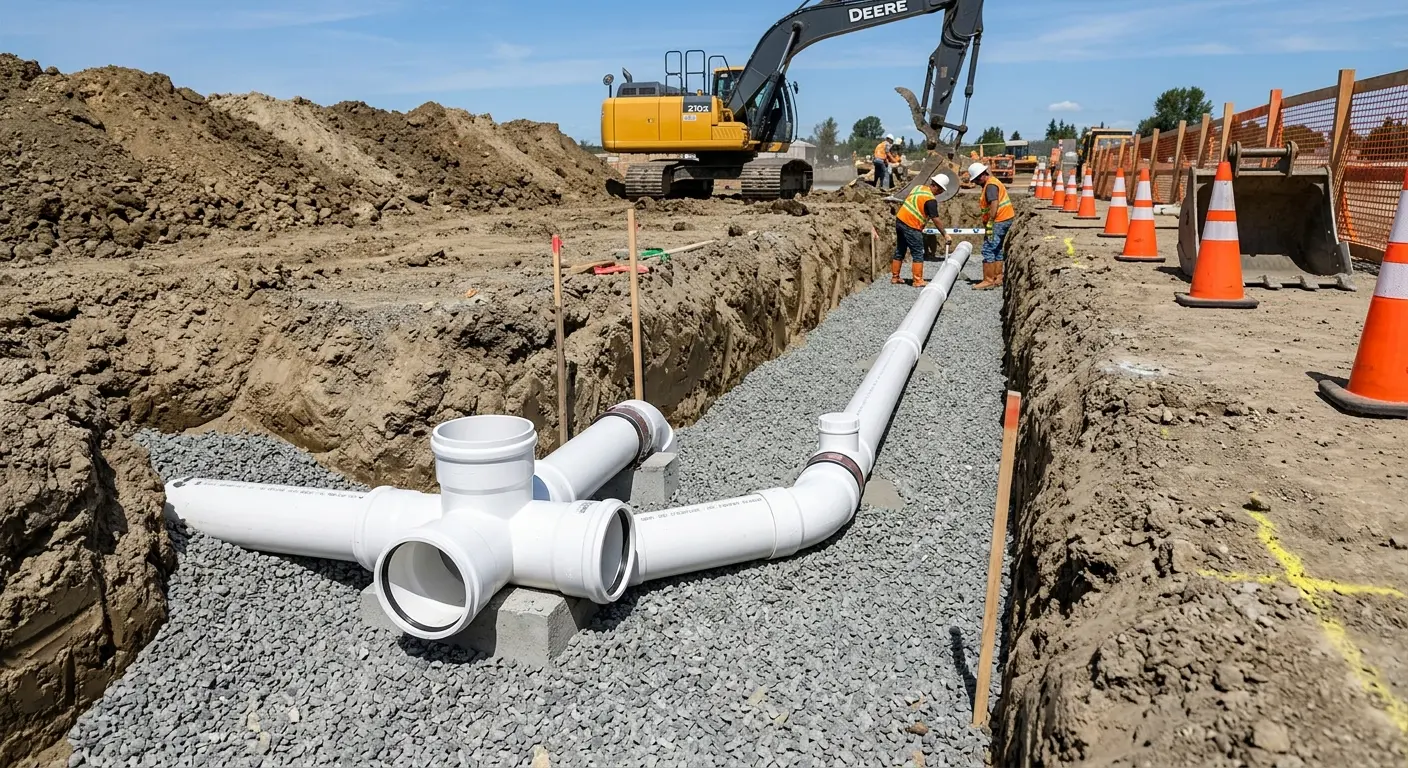 New PVC sewer pipe installation in open trench for Grease Trap Cleaning in Vero Beach South