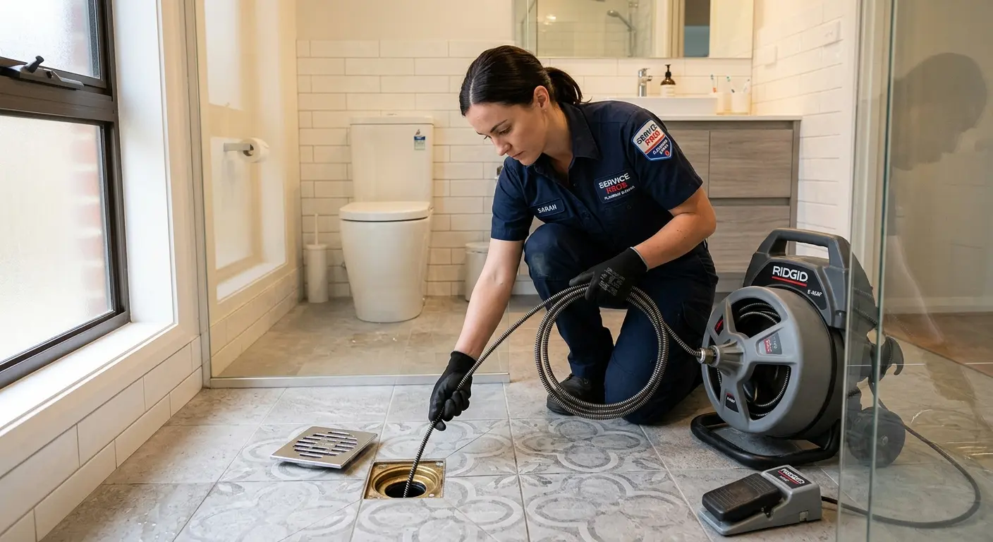 Technician clearing a bathroom floor drain for Hydro Jetting in Vero Beach South